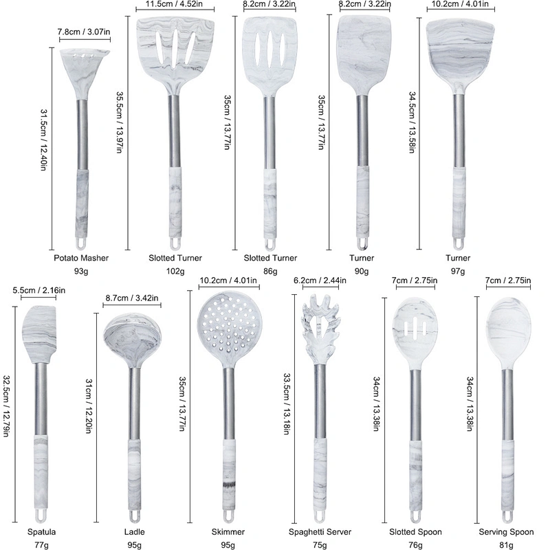 YF cookware food grade silicone kitchen utensils with stainless steel handle multi functional marble 13pcs kitchen utensils set