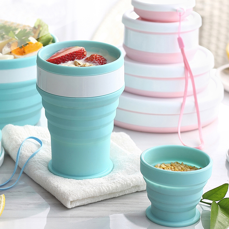 Amazon Hot Sale Silicone Folding Grade Cup and Bowl for Travelling Camping Coffee Cup with Keychain Portable Storage Bowl Cup