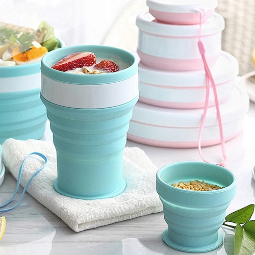 Amazon Hot Sale Silicone Folding Grade Cup and Bowl for Travelling Camping Coffee Cup with Keychain Portable Storage Bowl Cup