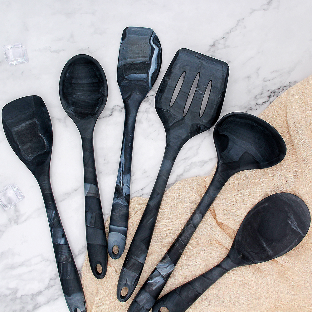 Unique marble design 6 pieces gray kitchen utensils made of food grade silicone cooking utensils