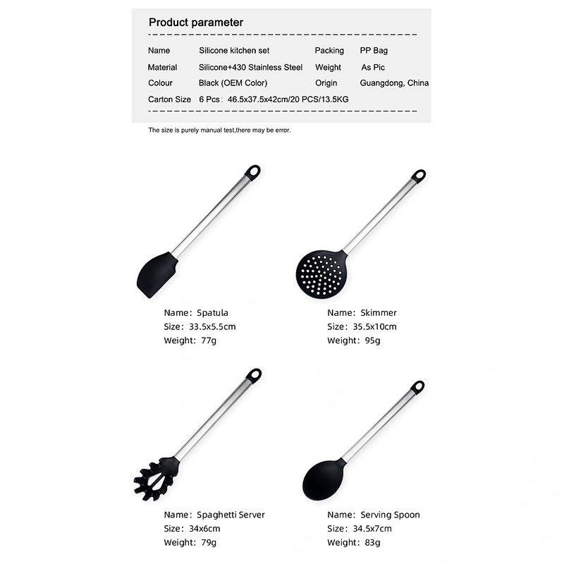 high quality food silicone kitchen utensils 6 pcs 430 stainless steel cooking utensils set