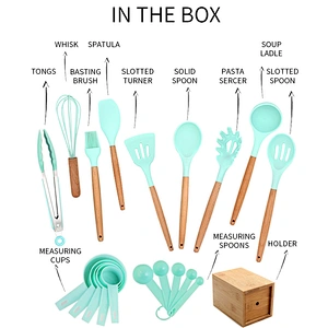 Kitchen Accessories Silicone Non Stick Cookware Sets Kitchen Utensil with Wooden Handle Storage Bucket Kitchenware Tools