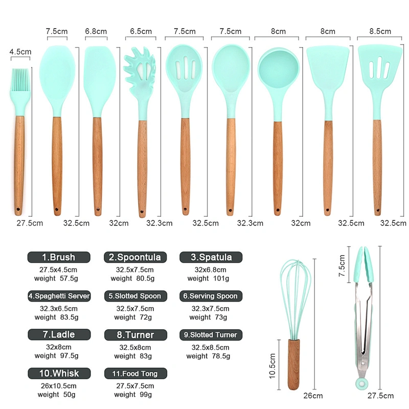2023 SUPER SEPTEMBER PRIVATE LABEL WHOLESALE WOOD KITCHEN ACCESSORIES SILICONE UTENSILS COOKING SET