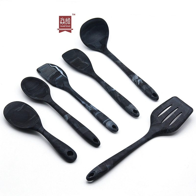 Unique marble design 6 pieces gray kitchen utensils made of food grade silicone cooking utensils