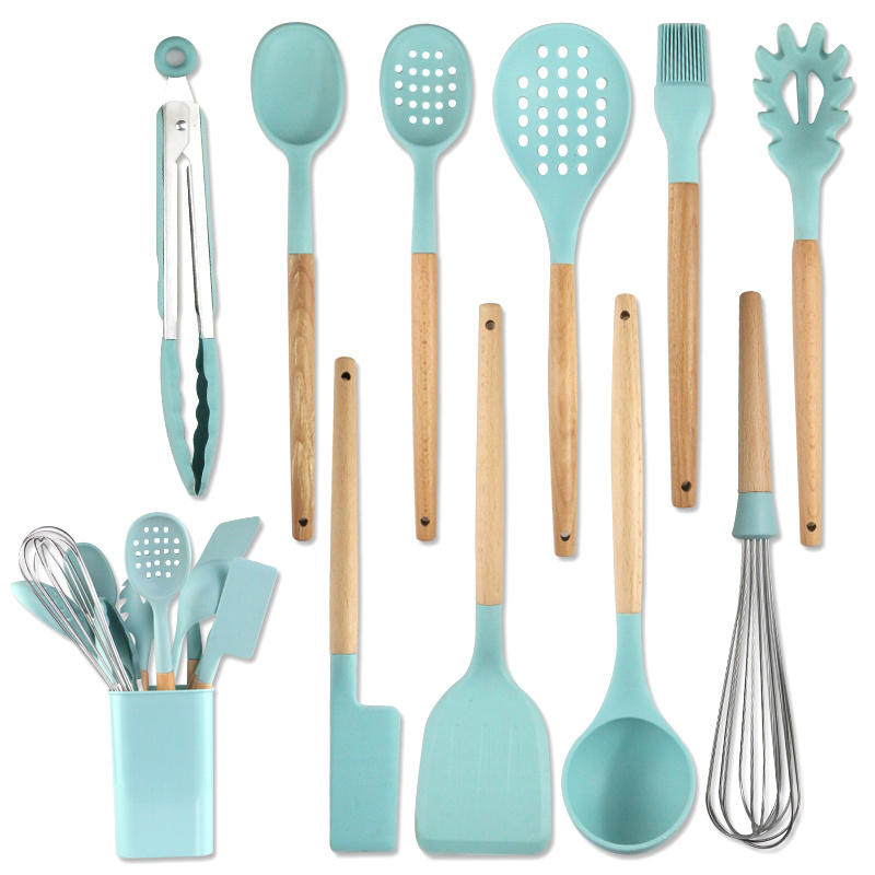 11pcs Silicone Kitchen Baking Practical Cooking Tools Spatula Shovel Spoon With Wooden Handle Kitchenware Cooking Utensils Set