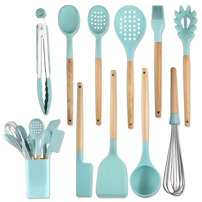 11pcs Silicone Kitchen Baking Practical Cooking Tools Spatula Shovel Spoon With Wooden Handle Kitchenware Cooking Utensils Set