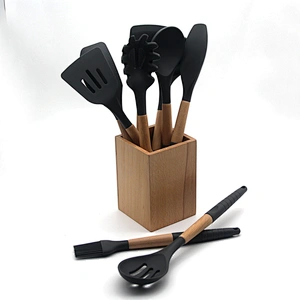 Amazon Hot Sale Silicone Utensil Set With Holder cozinha 9pcs Wooden Handle Silicone Cooking Tools Kitchen Accessories gadgets