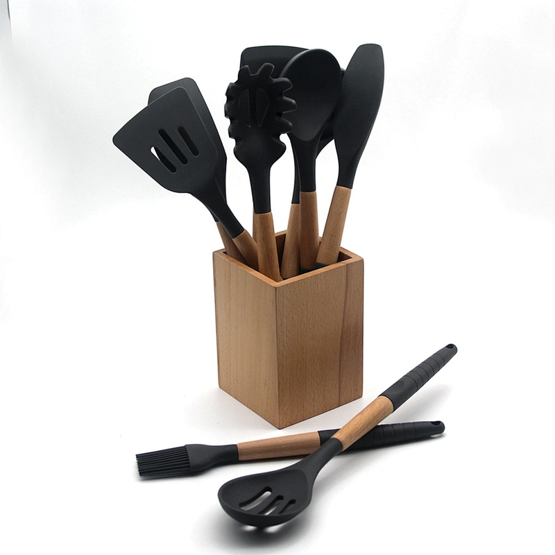 Amazon Hot Sale Silicone Utensil Set With Holder cozinha 9pcs Wooden Handle Silicone Cooking Tools Kitchen Accessories gadgets