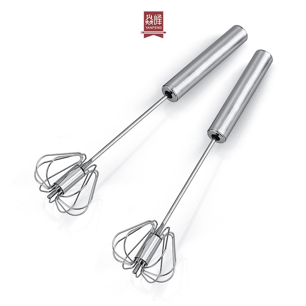 YF Egg Tools Custom Logo Stainless Steel Semi-automatic Eggbeater Rotating Egg Mixer Whisk Press Type Egg Beater
