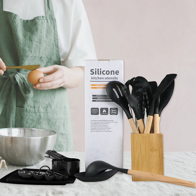 Amazon Hot Seller Natural Wood Cooking Tool Silicone Kitchen Utensil Set