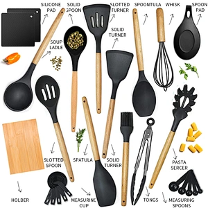 Amazon Hot Seller Natural Wood Cooking Tool Silicone Kitchen Utensil Set