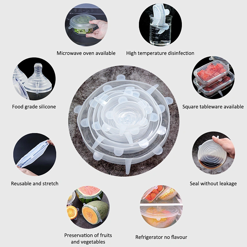 food grade 6 pieces silicone food wrap seal cover with multiple colors