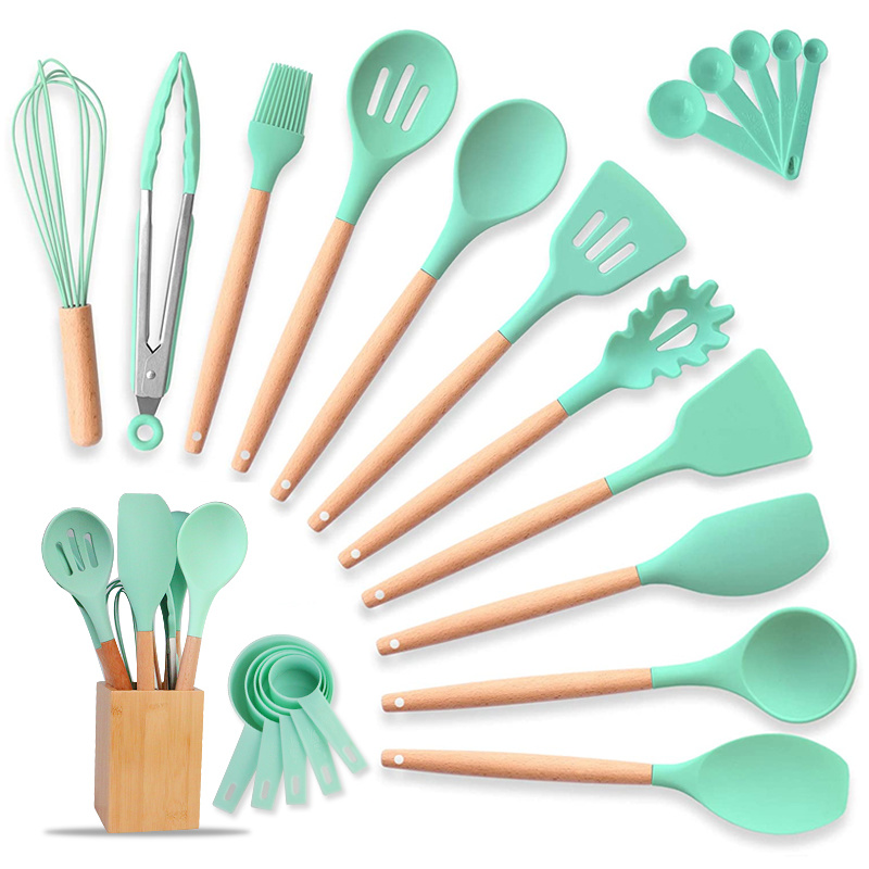 Kitchen Accessories Silicone Non Stick Cookware Sets Kitchen Utensil with Wooden Handle Storage Bucket Kitchenware Tools