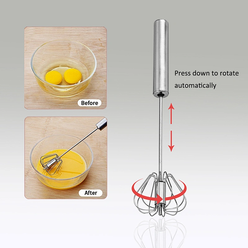 YF Egg Tools Custom Logo Stainless Steel Semi-automatic Eggbeater Rotating Egg Mixer Whisk Press Type Egg Beater