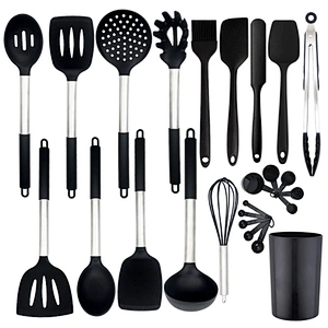 Hot Selling Kitchen Accesorios Private Label Half Handle Stainless Steel Black 9 Pieces Silicone Kitchen Set