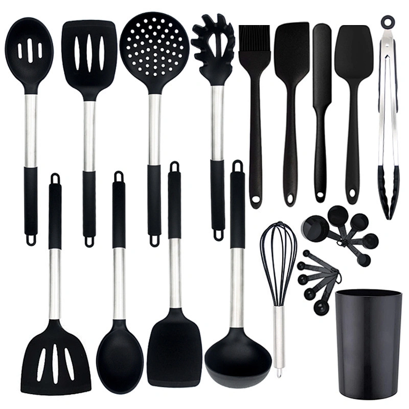 Hot Selling Kitchen Accesorios Private Label Half Handle Stainless Steel Black 9 Pieces Silicone Kitchen Set