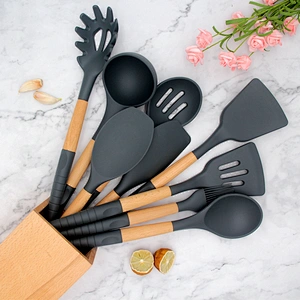 Amazon Hot Sale Silicone Utensil Set With Holder cozinha 9pcs Wooden Handle Silicone Cooking Tools Kitchen Accessories gadgets