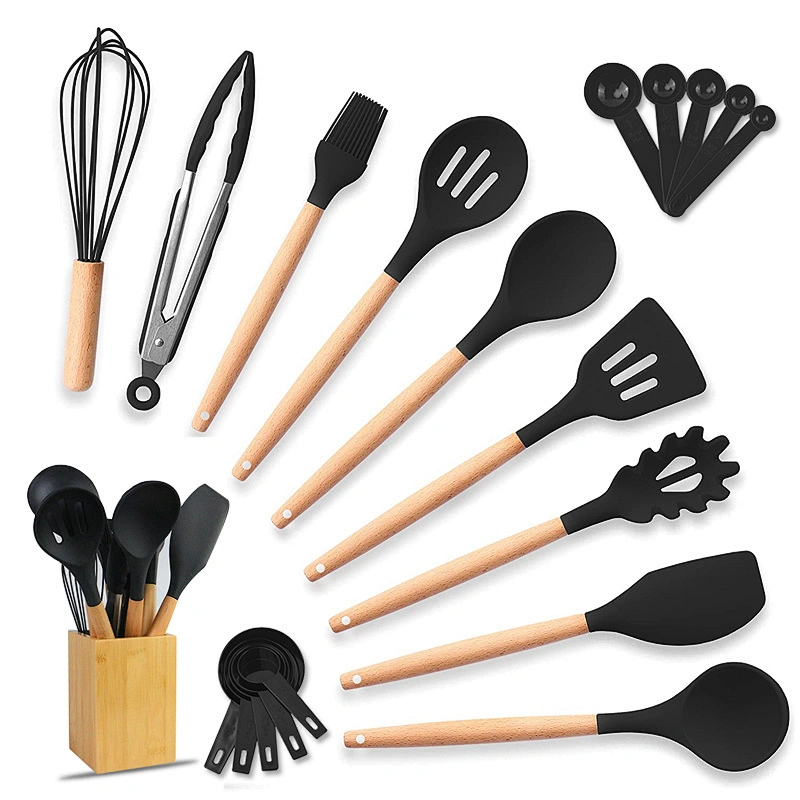 Kitchen Accessories Silicone Non Stick Cookware Sets Kitchen Utensil with Wooden Handle Storage Bucket Kitchenware Tools