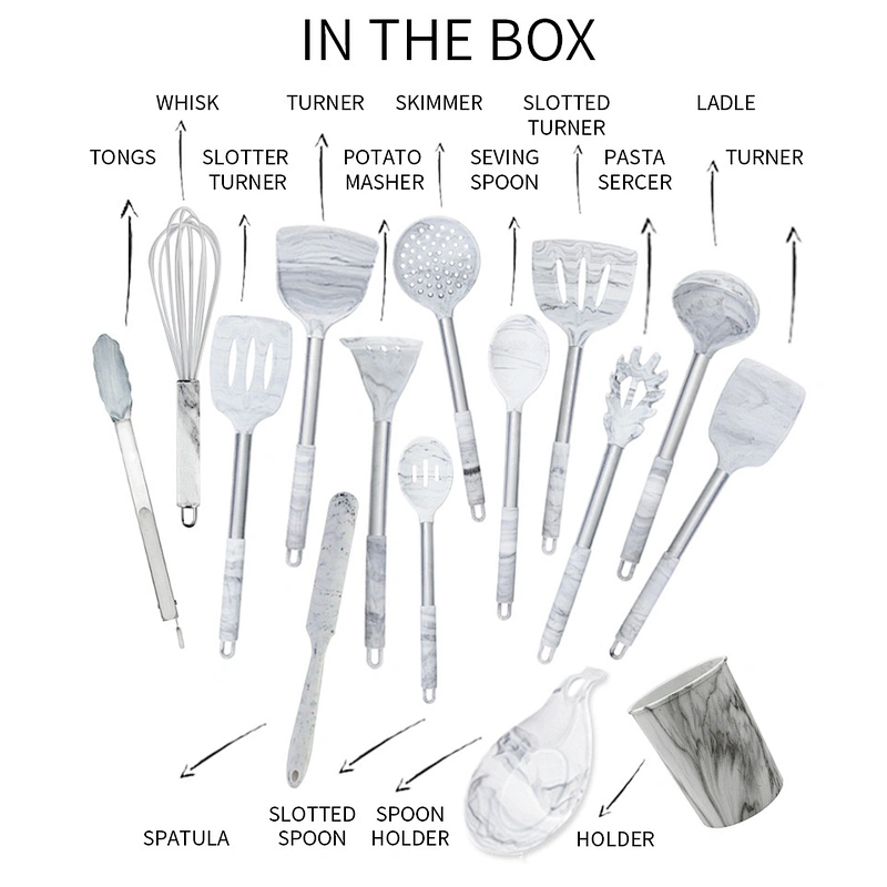 YF cookware food grade silicone kitchen utensils with stainless steel handle multi functional marble 13pcs kitchen utensils set