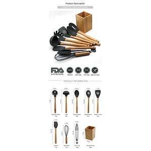kitchen cooking 9pcs silicone head bamboo cooking utensils