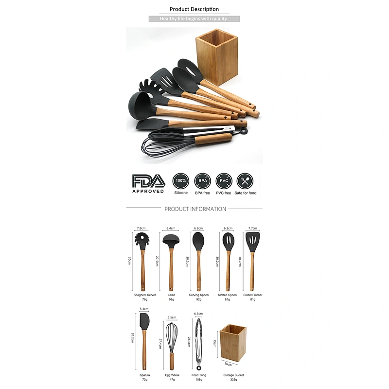 kitchen cooking 9pcs silicone head bamboo cooking utensils