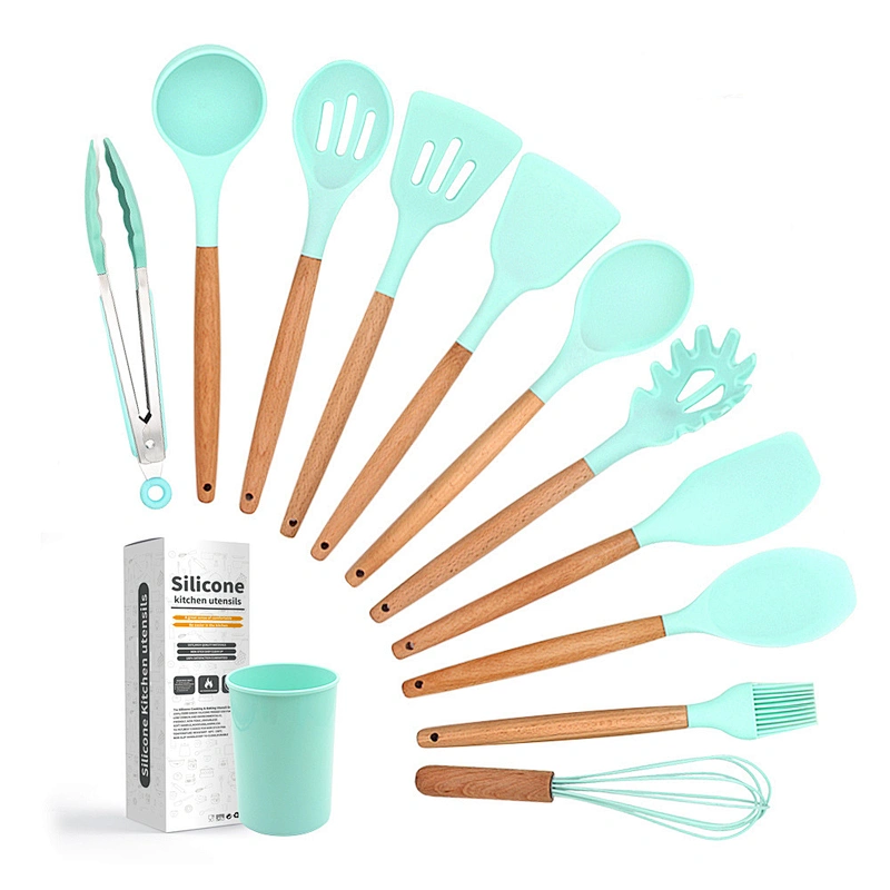 2023 SUPER SEPTEMBER PRIVATE LABEL WHOLESALE WOOD KITCHEN ACCESSORIES SILICONE UTENSILS COOKING SET