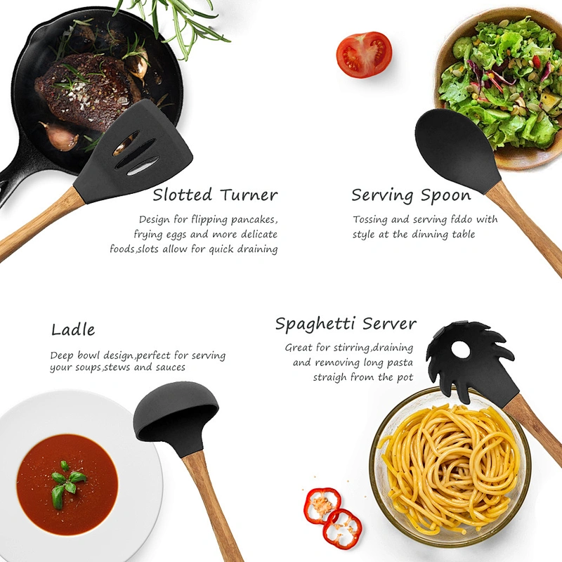 kitchen cooking 9pcs silicone head bamboo cooking utensils