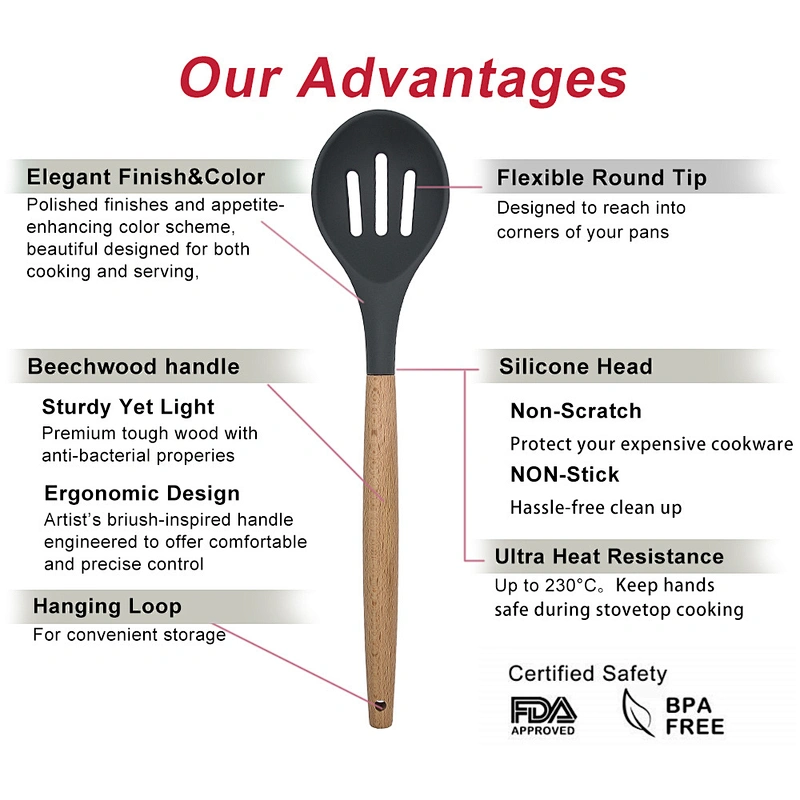 Hot Selling Durable Popular Style Eco-friendly 10 pieces Wooden Handles Cooking Tool Silicone Kitchen Utensil Set