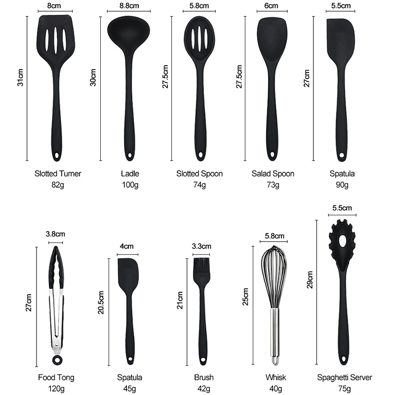 High quality wholesale kitchen accessories black color 10pcs silicone kitchen utensils