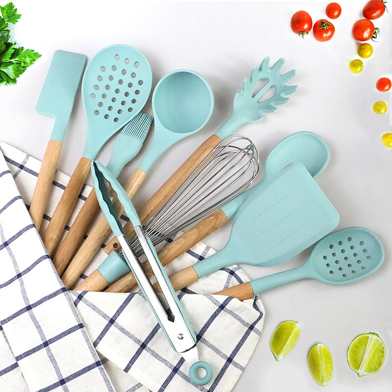 11pcs Silicone Kitchen Baking Practical Cooking Tools Spatula Shovel Spoon With Wooden Handle Kitchenware Cooking Utensils Set