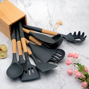 Amazon Hot Sale Silicone Utensil Set With Holder cozinha 9pcs Wooden Handle Silicone Cooking Tools Kitchen Accessories gadgets