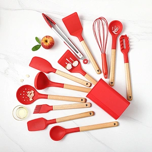 13pcs Silicone Cooking Utensil Set Kitchen Wooden Handle Spatula Soup Spoon Brush Ladle Pasta Colander Non-stick Cookware Set