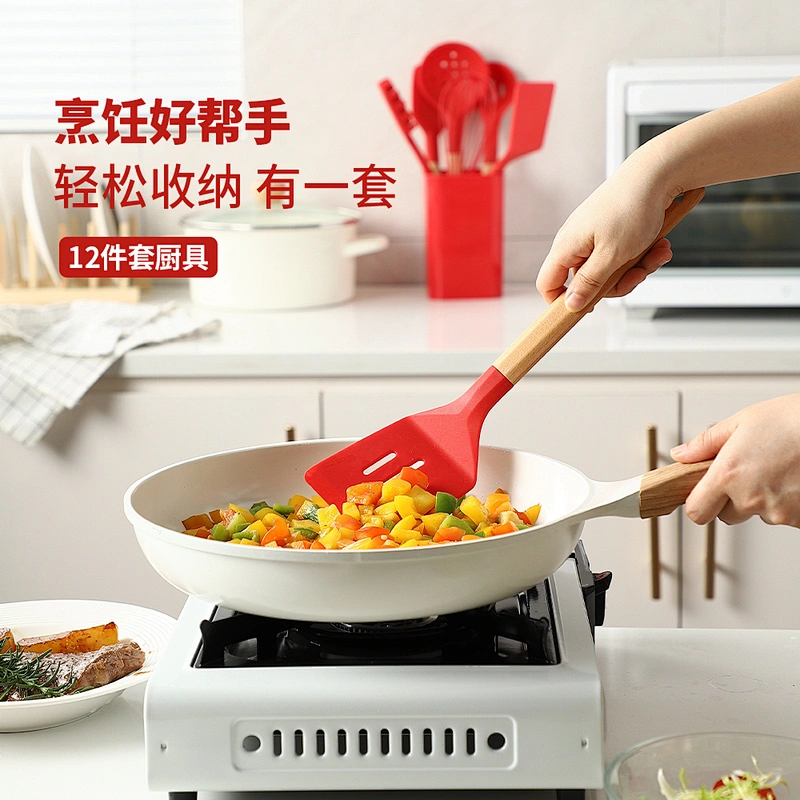 13pcs Silicone Cooking Utensil Set Kitchen Wooden Handle Spatula Soup Spoon Brush Ladle Pasta Colander Non-stick Cookware Set