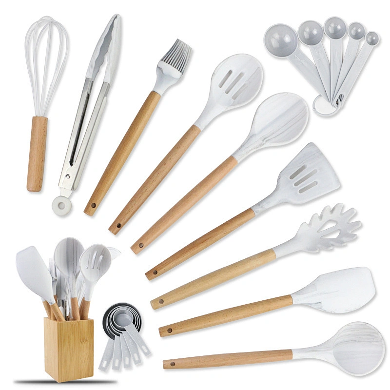Kitchen Accessories Silicone Non Stick Cookware Sets Kitchen Utensil with Wooden Handle Storage Bucket Kitchenware Tools