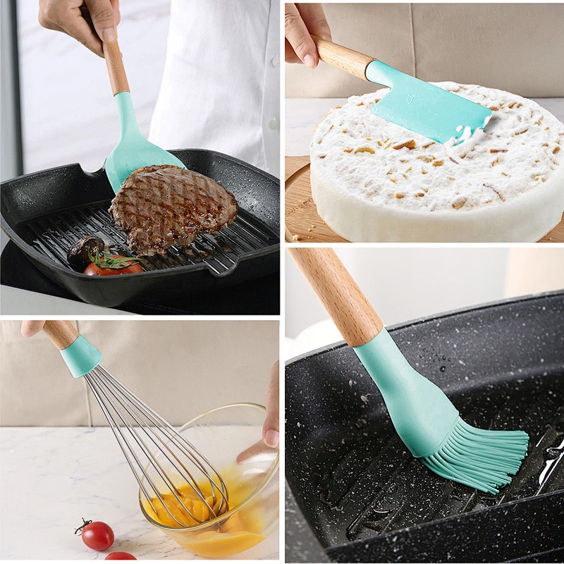 11pcs Silicone Kitchen Baking Practical Cooking Tools Spatula Shovel Spoon With Wooden Handle Kitchenware Cooking Utensils Set