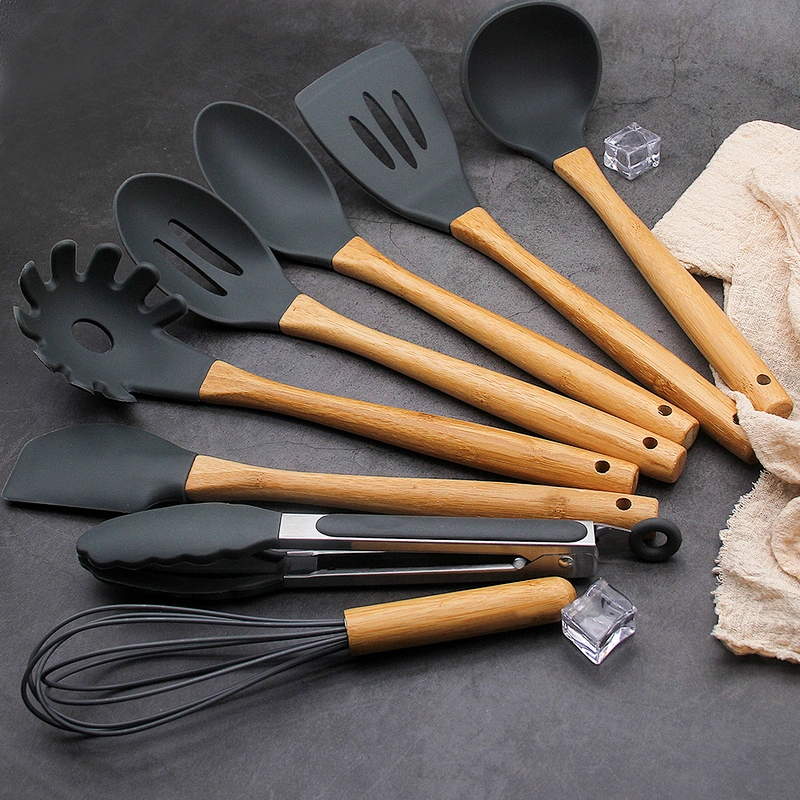 kitchen cooking 9pcs silicone head bamboo cooking utensils
