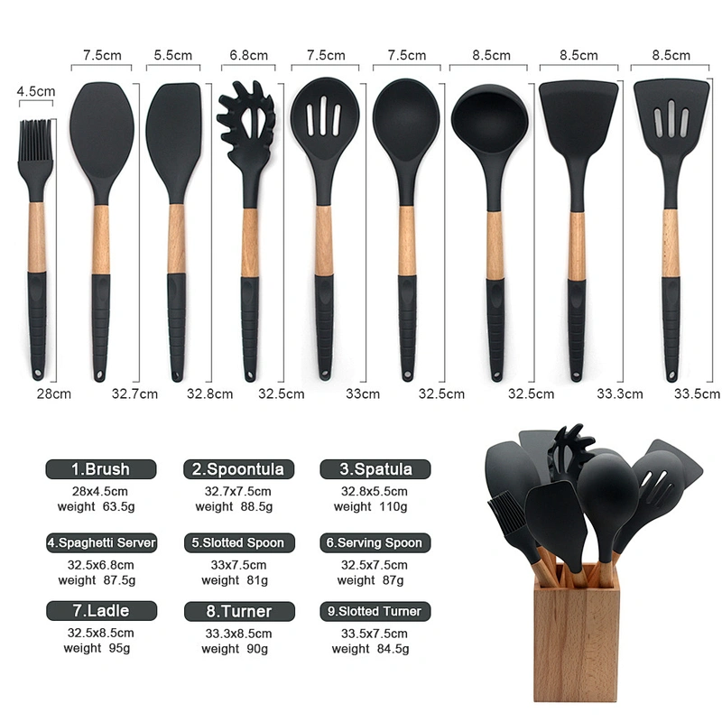 Amazon Hot Sale Silicone Utensil Set With Holder cozinha 9pcs Wooden Handle Silicone Cooking Tools Kitchen Accessories gadgets