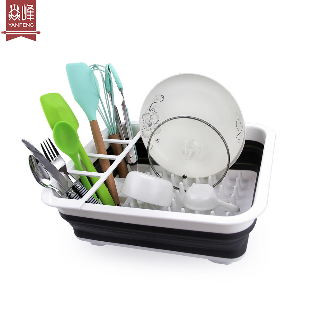 Foldable Drying Dish Rack Silicone Utensils Sink Collapsible Dish Drainer with Drainer Board Storage Holders Kitchen Accessories