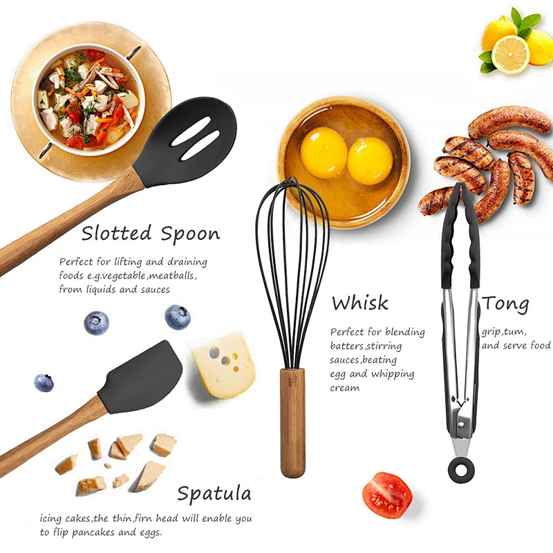 kitchen cooking 9pcs silicone head bamboo cooking utensils