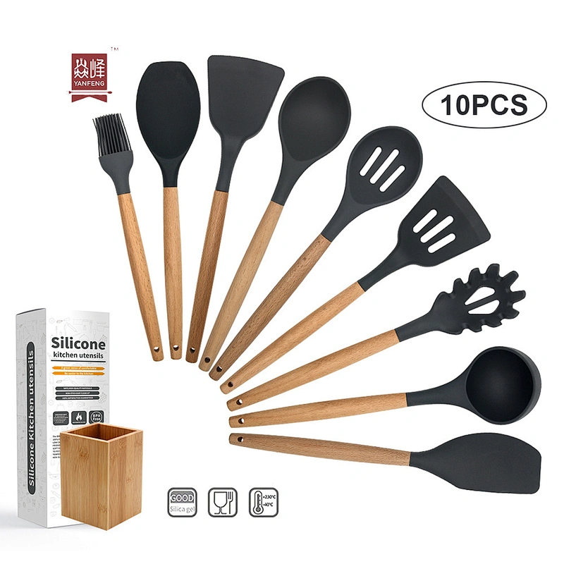 Hot Selling Durable Popular Style Eco-friendly 10 pieces Wooden Handles Cooking Tool Silicone Kitchen Utensil Set