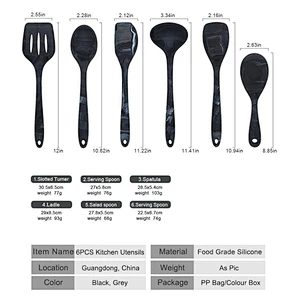Unique marble design 6 pieces gray kitchen utensils made of food grade silicone cooking utensils