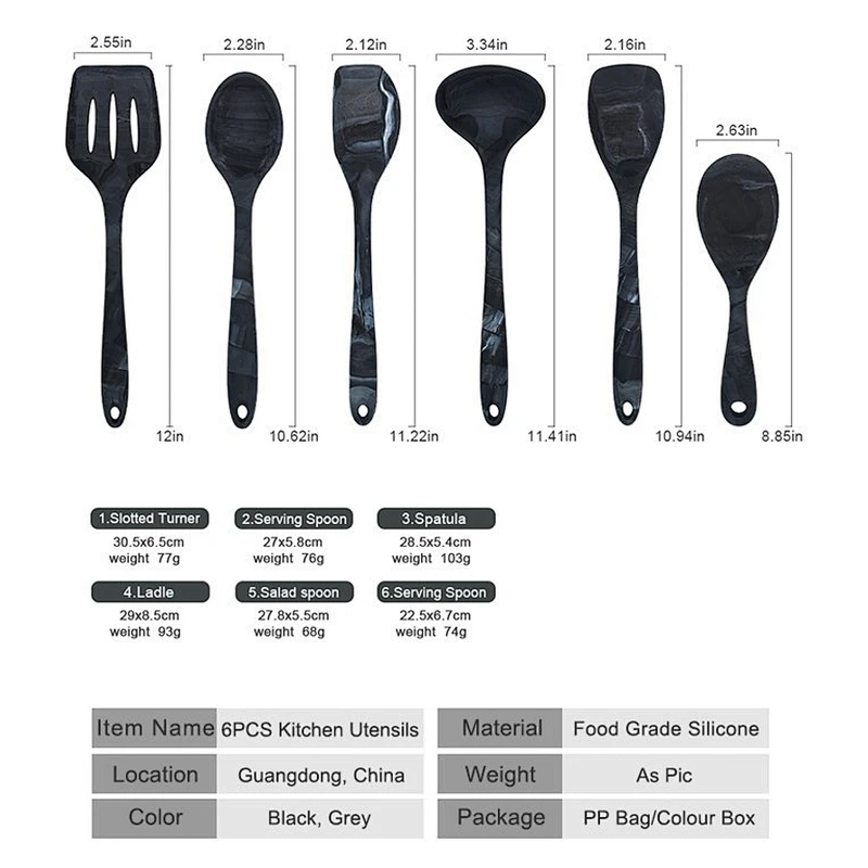 Unique marble design 6 pieces gray kitchen utensils made of food grade silicone cooking utensils