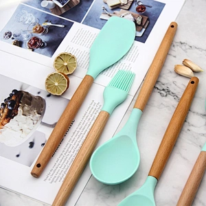 2023 SUPER SEPTEMBER PRIVATE LABEL WHOLESALE WOOD KITCHEN ACCESSORIES SILICONE UTENSILS COOKING SET