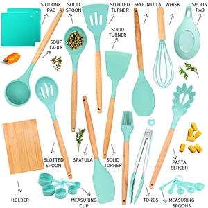 Amazon Hot Seller Natural Wood Cooking Tool Silicone Kitchen Utensil Set