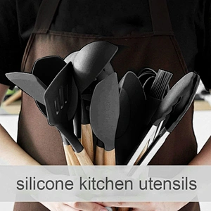 Amazon Hot Seller Natural Wood Cooking Tool Silicone Kitchen Utensil Set