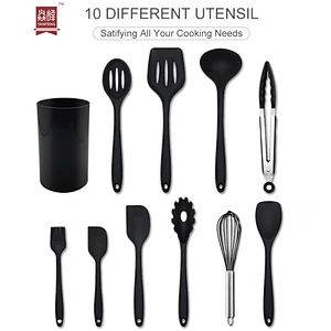 High quality wholesale kitchen accessories black color 10pcs silicone kitchen utensils