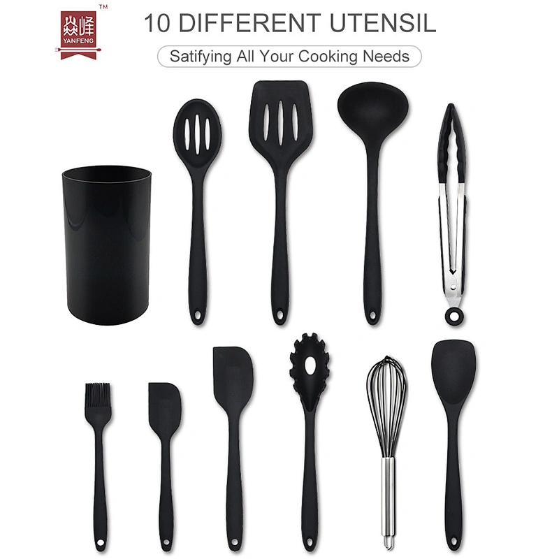High quality wholesale kitchen accessories black color 10pcs silicone kitchen utensils