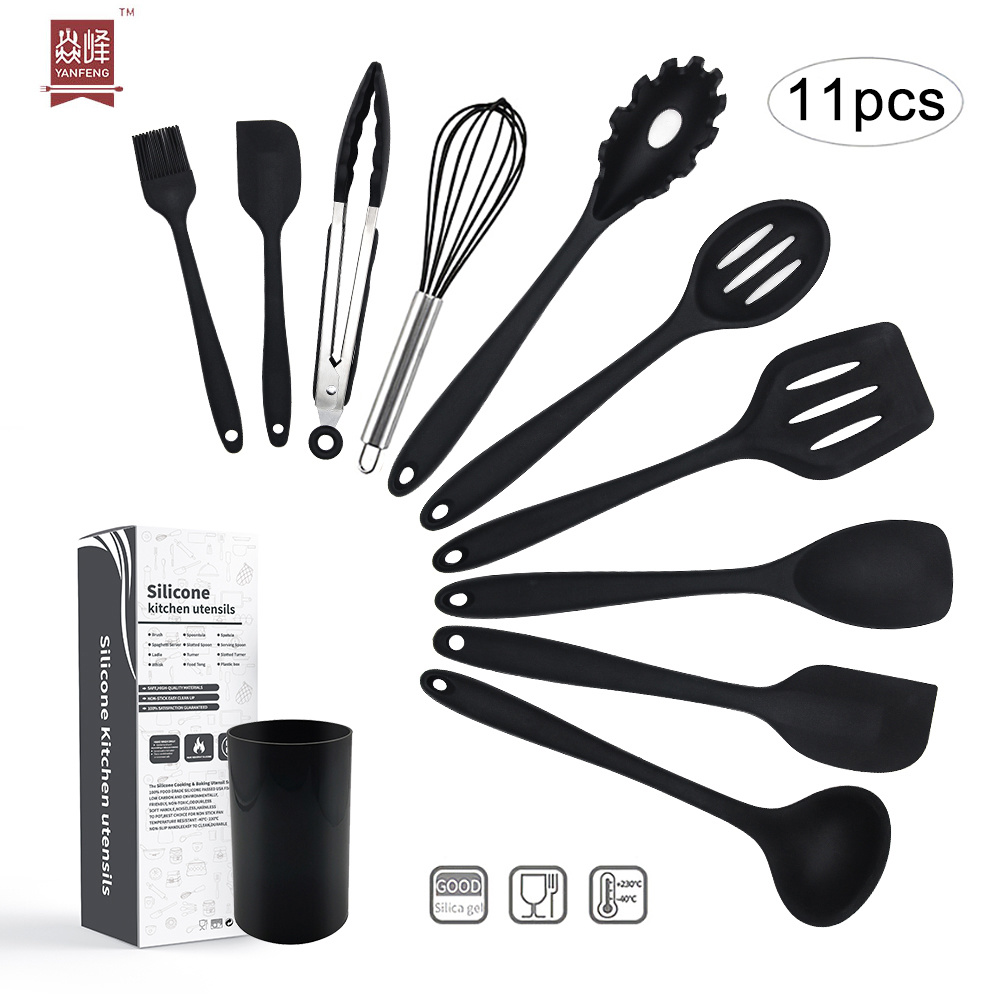 High quality wholesale kitchen accessories black color 10pcs silicone kitchen utensils