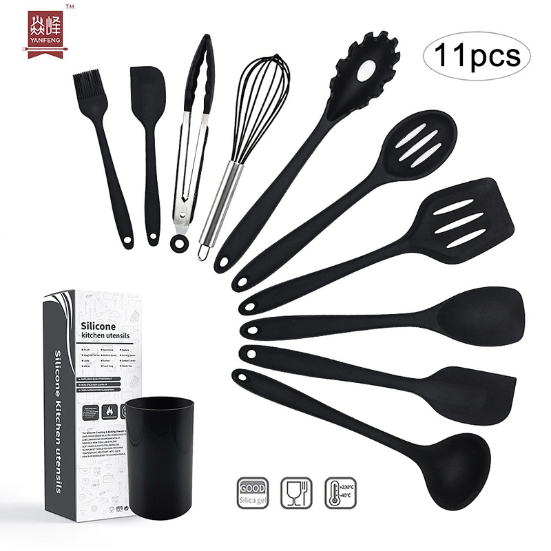 High quality wholesale kitchen accessories black color 10pcs silicone kitchen utensils