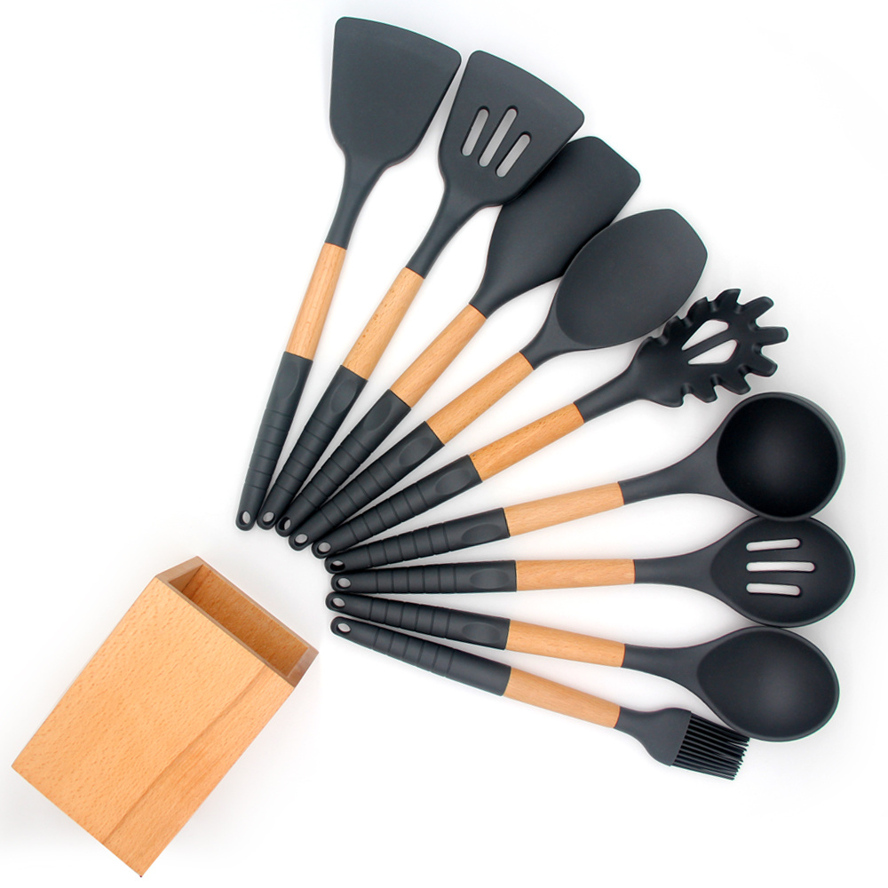 Amazon Hot Sale Silicone Utensil Set With Holder cozinha 9pcs Wooden Handle Silicone Cooking Tools Kitchen Accessories gadgets